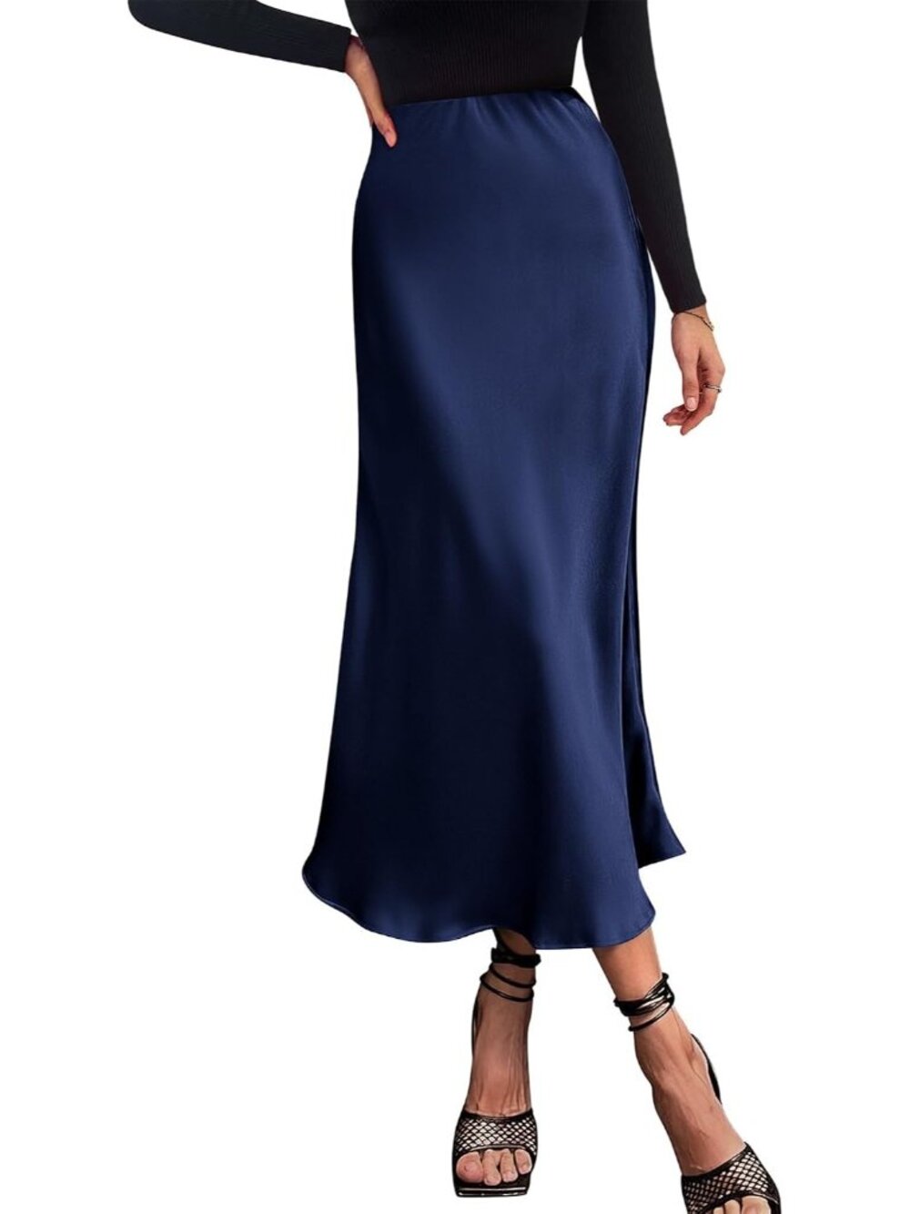 Women Navy High Waist Satin A-Line Elegant Slip Bias Cut Flowy Long Midi Skirt